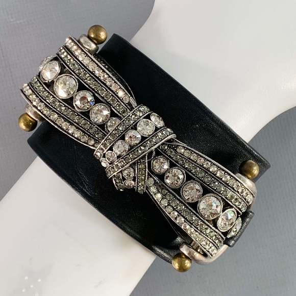 VINTAGE Black Leather Rhinestones Bow Cuff Bracelet